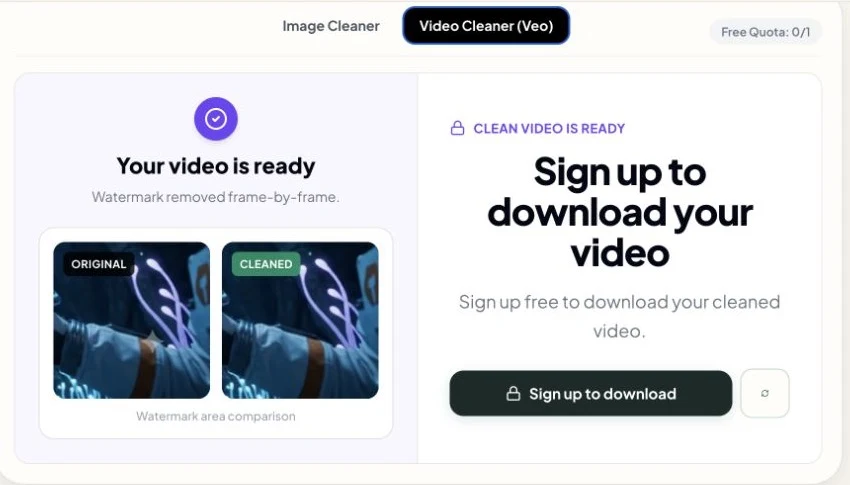 Gemini Watermark Remover result preview with video download sign-in